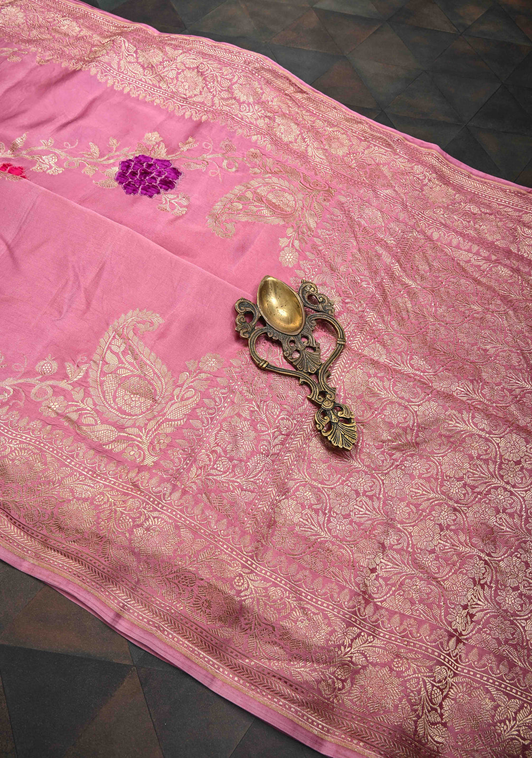 Dusty Pink Mashru Silk Saree With Leheria pattern Meenakari Floral Weaving and Zari border with Koniya Motif |  SILK MARK CERTIFIED