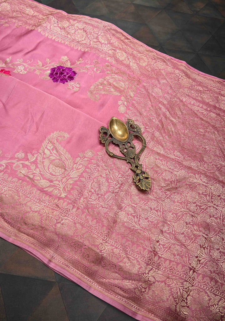 Dusty Pink Mashru Silk Saree With Leheria pattern Meenakari Floral Weaving and Zari border with Koniya Motif |  SILK MARK CERTIFIED