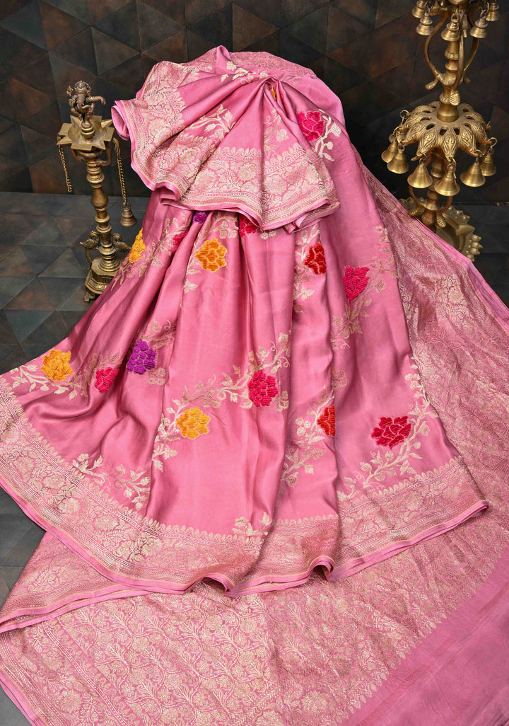Dusty Pink Mashru Silk Saree With Leheria pattern Meenakari Floral Weaving and Zari border with Koniya Motif |  SILK MARK CERTIFIED