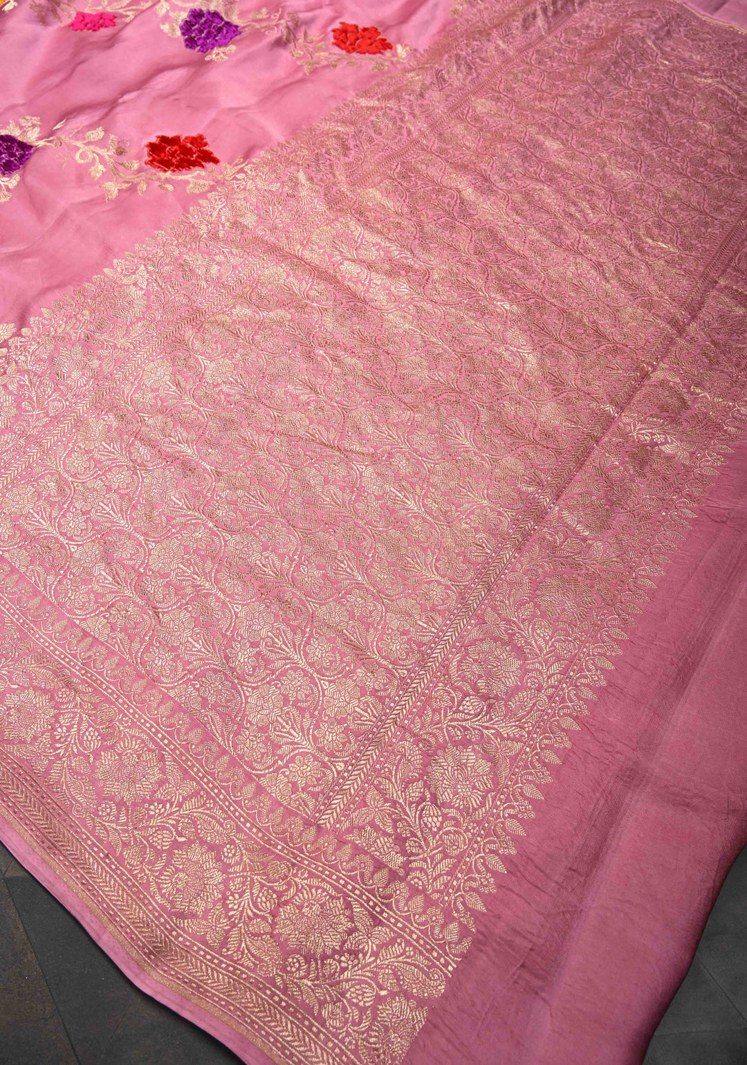 Dusty Pink Mashru Silk Saree With Leheria pattern Meenakari Floral Weaving and Zari border with Koniya Motif |  SILK MARK CERTIFIED