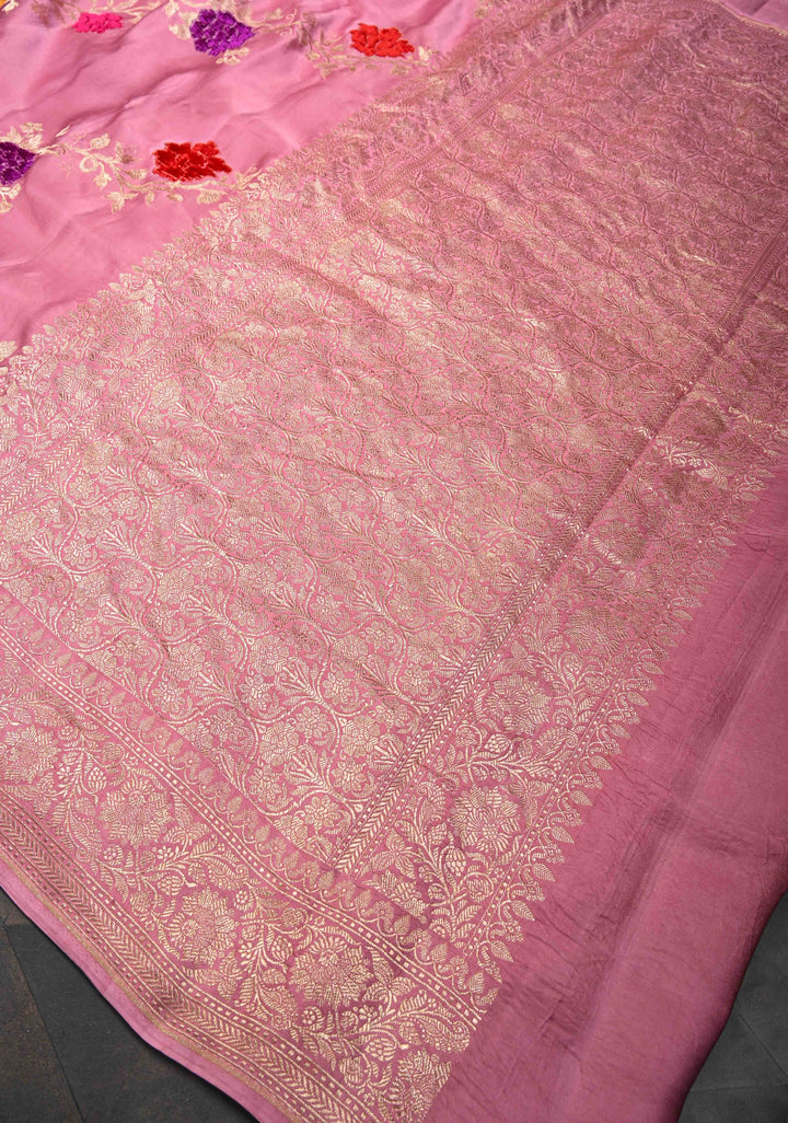 Dusty Pink Mashru Silk Saree With Leheria pattern Meenakari Floral Weaving and Zari border with Koniya Motif |  SILK MARK CERTIFIED
