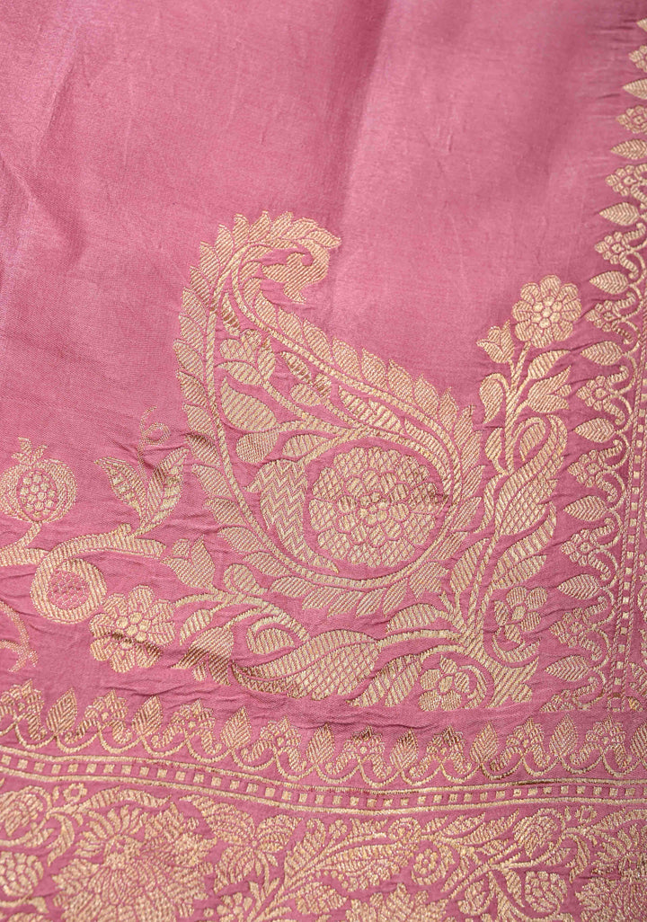 Dusty Pink Mashru Silk Saree With Leheria pattern Meenakari Floral Weaving and Zari border with Koniya Motif |  SILK MARK CERTIFIED