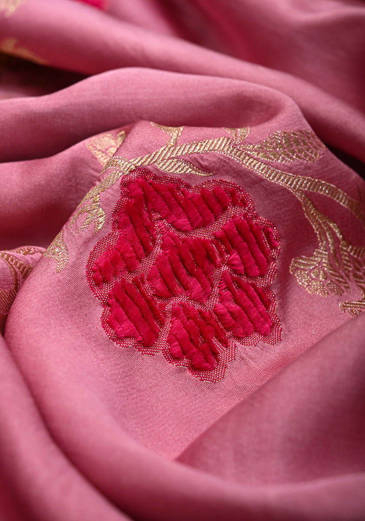 Dusty Pink Mashru Silk Saree With Leheria pattern Meenakari Floral Weaving and Zari border with Koniya Motif |  SILK MARK CERTIFIED
