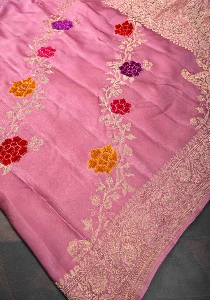 Dusty Pink Mashru Silk Saree With Leheria pattern Meenakari Floral Weaving and Zari border with Koniya Motif |  SILK MARK CERTIFIED