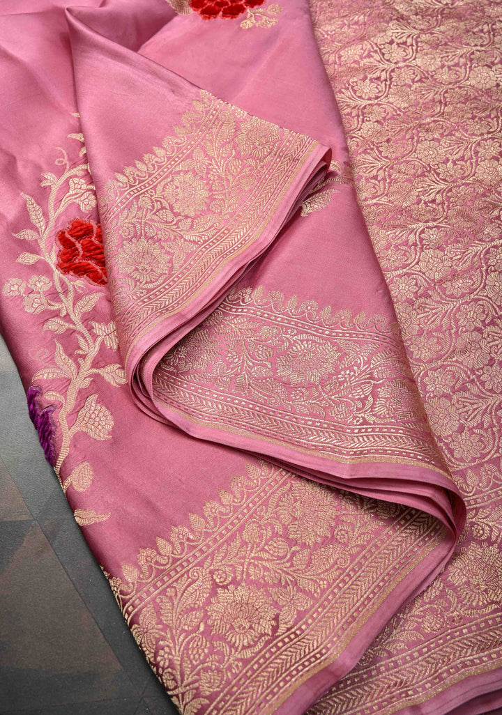 Dusty Pink Mashru Silk Saree With Leheria pattern Meenakari Floral Weaving and Zari border with Koniya Motif |  SILK MARK CERTIFIED