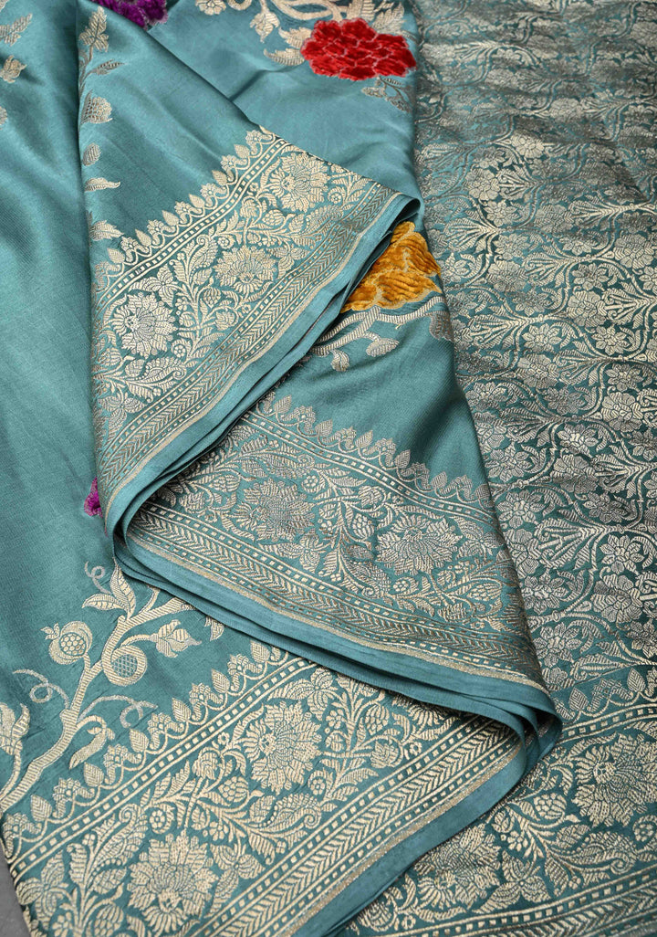 Turkish Blue Mashru Silk Saree With Leheriya Floral Velvet Meenakari Weaving With Zari Border and Koniya Motif|  SILK MARK CERTIFIED