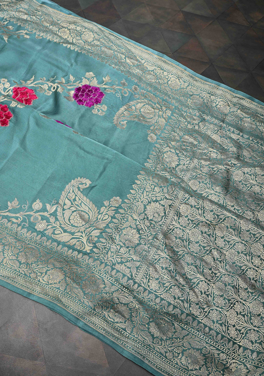 Turkish Blue Mashru Silk Saree With Leheriya Floral Velvet Meenakari Weaving With Zari Border and Koniya Motif|  SILK MARK CERTIFIED