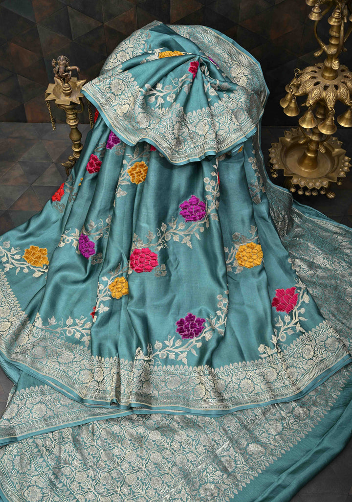 Turkish Blue Mashru Silk Saree With Leheriya Floral Velvet Meenakari Weaving With Zari Border and Koniya Motif|  SILK MARK CERTIFIED