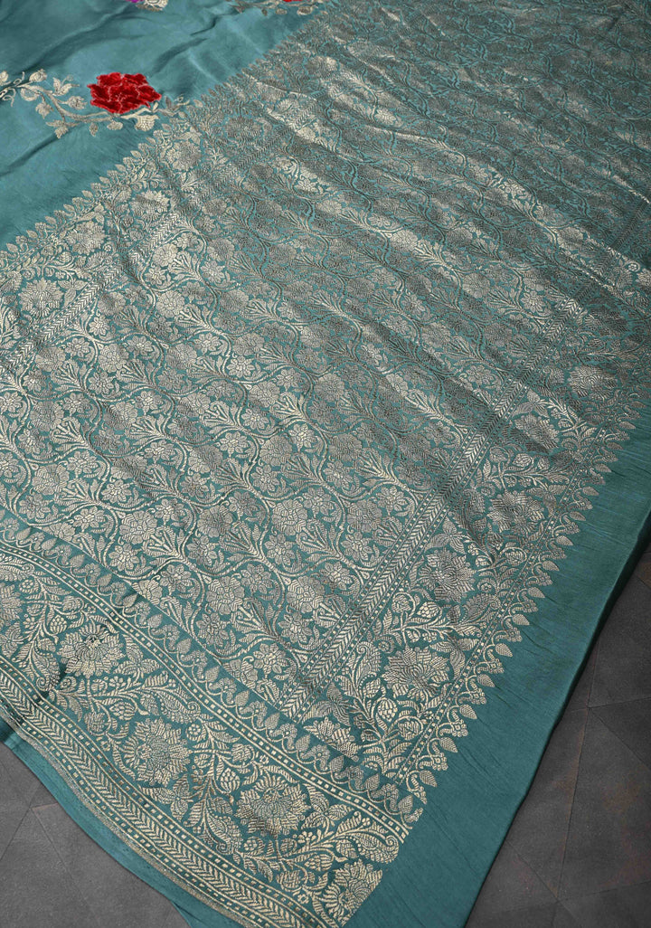 Turkish Blue Mashru Silk Saree With Leheriya Floral Velvet Meenakari Weaving With Zari Border and Koniya Motif|  SILK MARK CERTIFIED