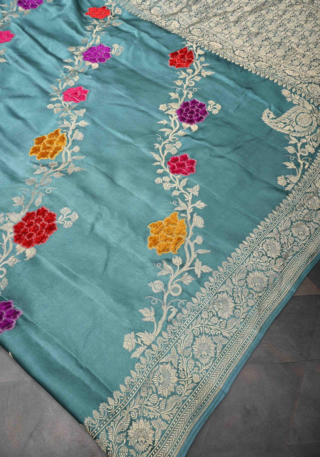Turkish Blue Mashru Silk Saree With Leheriya Floral Velvet Meenakari Weaving With Zari Border and Koniya Motif|  SILK MARK CERTIFIED