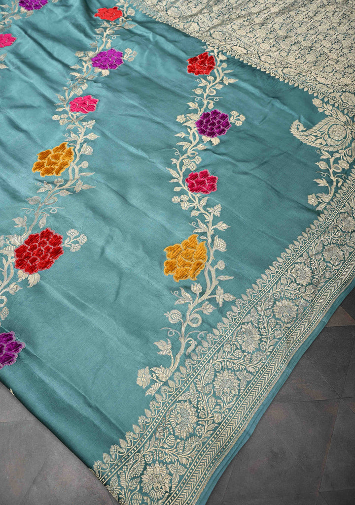 Turkish Blue Mashru Silk Saree With Leheriya Floral Velvet Meenakari Weaving With Zari Border and Koniya Motif|  SILK MARK CERTIFIED