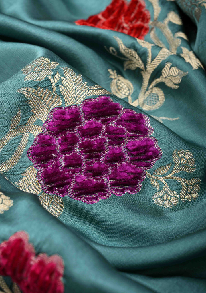 Turkish Blue Mashru Silk Saree With Leheriya Floral Velvet Meenakari Weaving With Zari Border and Koniya Motif|  SILK MARK CERTIFIED