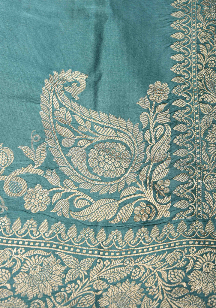 Turkish Blue Mashru Silk Saree With Leheriya Floral Velvet Meenakari Weaving With Zari Border and Koniya Motif|  SILK MARK CERTIFIED
