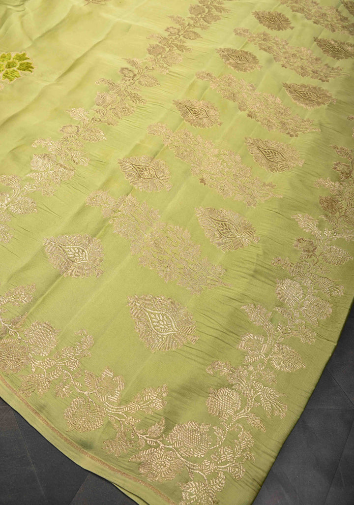 Tea Green Mashru Silk Saree with Meenakari Floral Weaving And Zari Border|  SILK MARK CERTIFIED