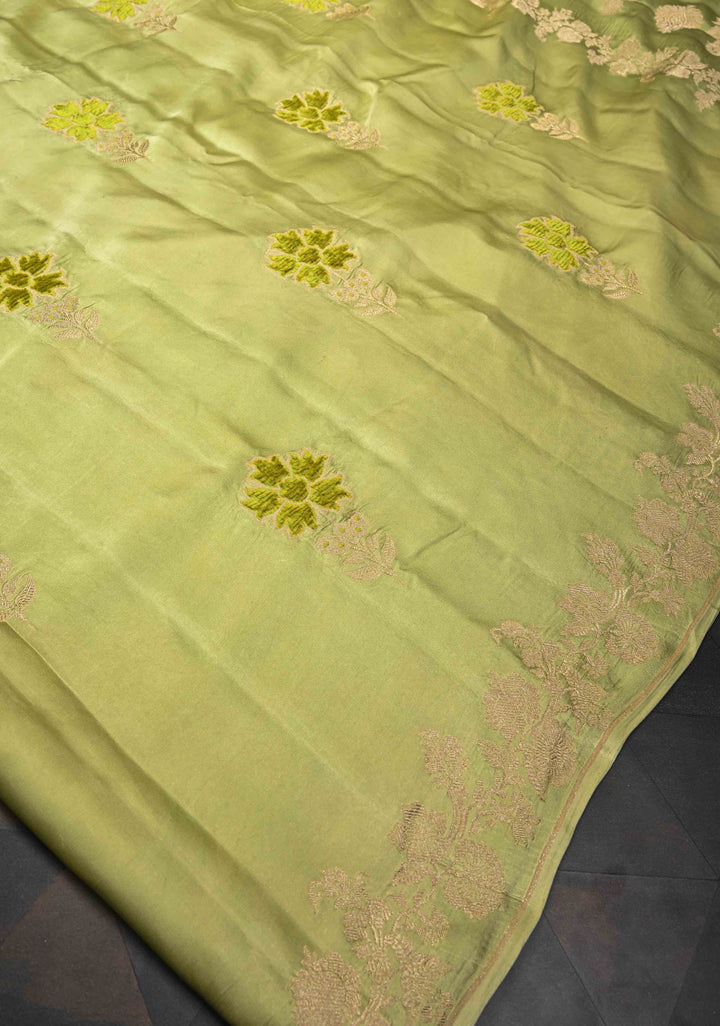 Tea Green Mashru Silk Saree with Meenakari Floral Weaving And Zari Border|  SILK MARK CERTIFIED