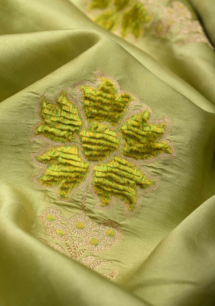 Tea Green Mashru Silk Saree with Meenakari Floral Weaving And Zari Border|  SILK MARK CERTIFIED