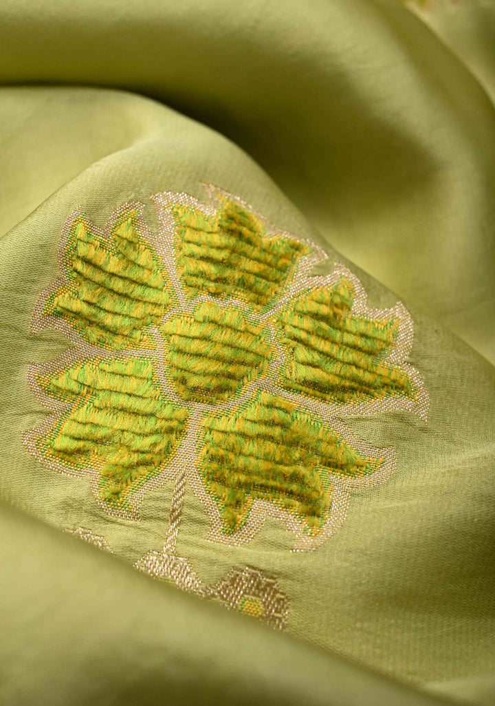 Tea Green Mashru Silk Saree with Meenakari Floral Weaving And Zari Border|  SILK MARK CERTIFIED