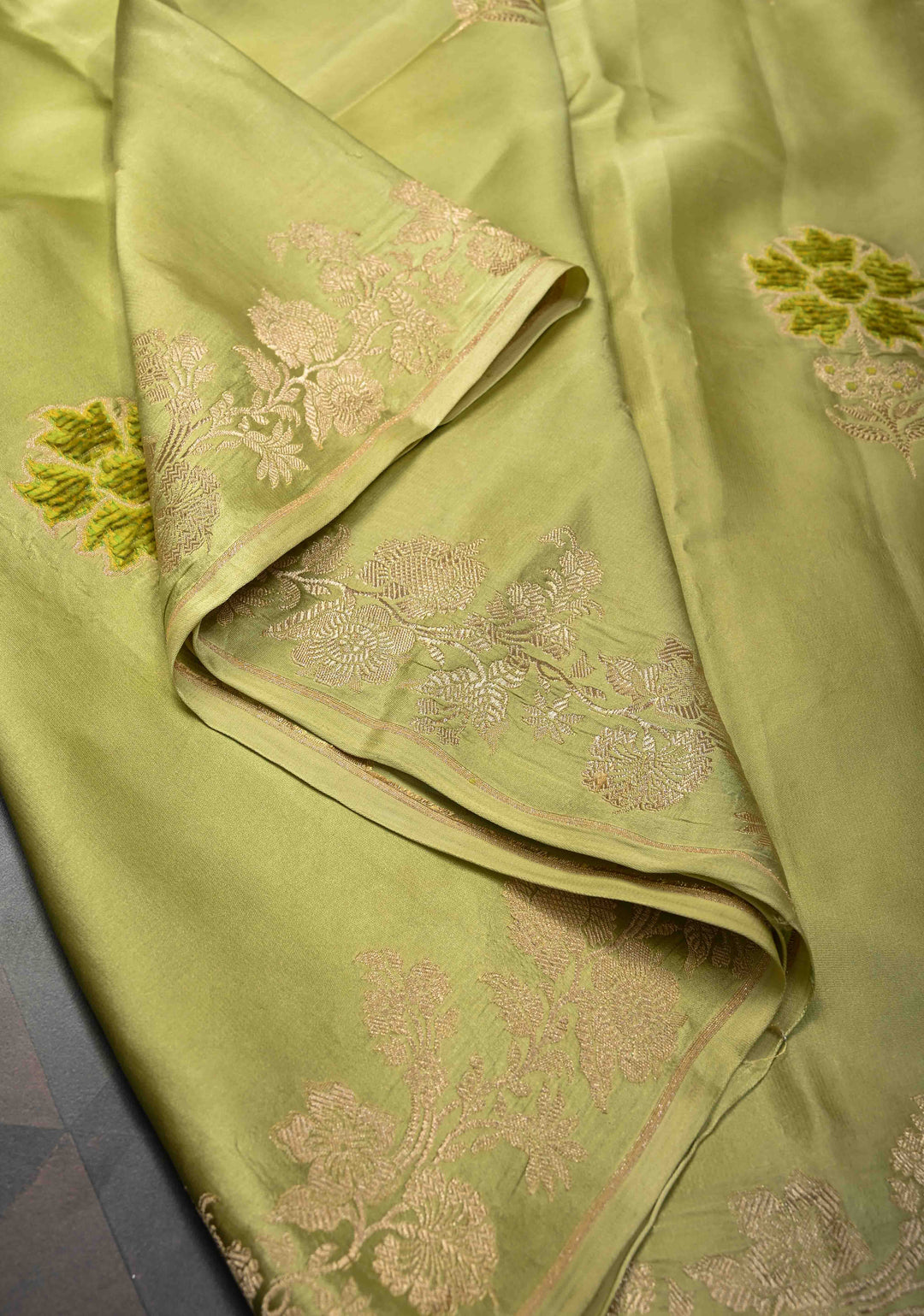 Tea Green Mashru Silk Saree with Meenakari Floral Weaving And Zari Border|  SILK MARK CERTIFIED