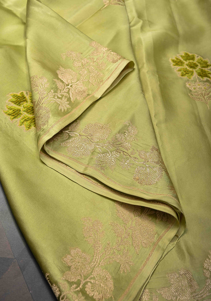 Tea Green Mashru Silk Saree with Meenakari Floral Weaving And Zari Border|  SILK MARK CERTIFIED