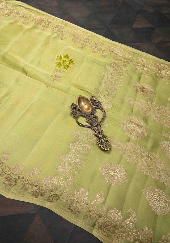 Tea Green Mashru Silk Saree with Meenakari Floral Weaving And Zari Border|  SILK MARK CERTIFIED