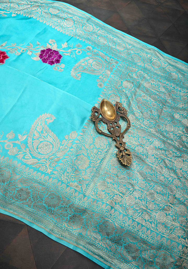 Cyan Mashru Silk Saree With Leheriya Floral Meenakari Velvet weaving with Zari Border and Koniya Motif|  SILK MARK CERTIFIED