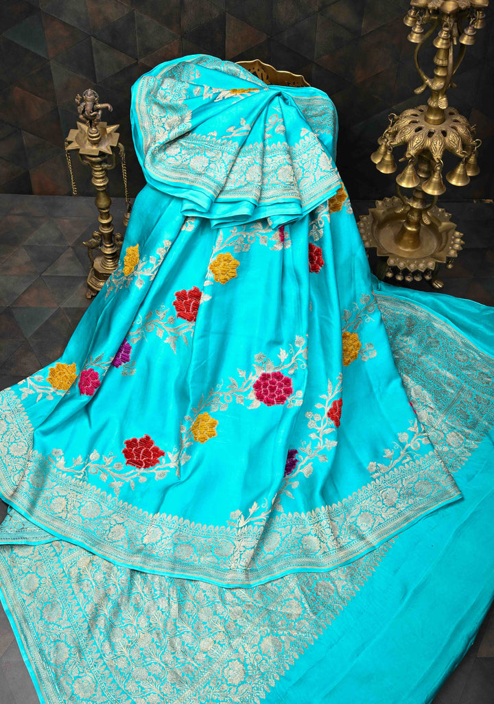 Cyan Mashru Silk Saree With Leheriya Floral Meenakari Velvet weaving with Zari Border and Koniya Motif|  SILK MARK CERTIFIED
