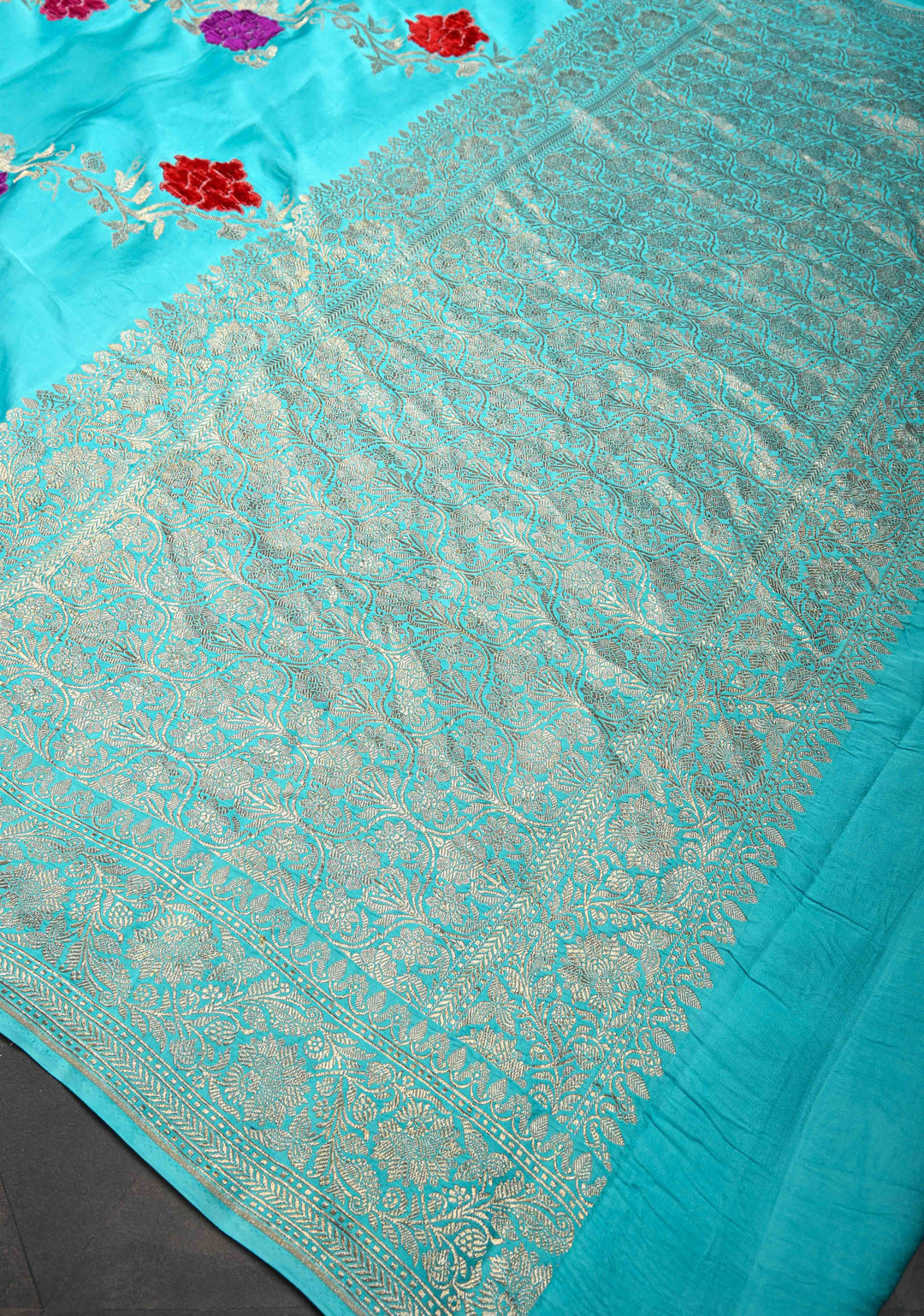 Cyan Mashru Silk Saree With Leheriya Floral Meenakari Velvet weaving with Zari Border and Koniya Motif|  SILK MARK CERTIFIED
