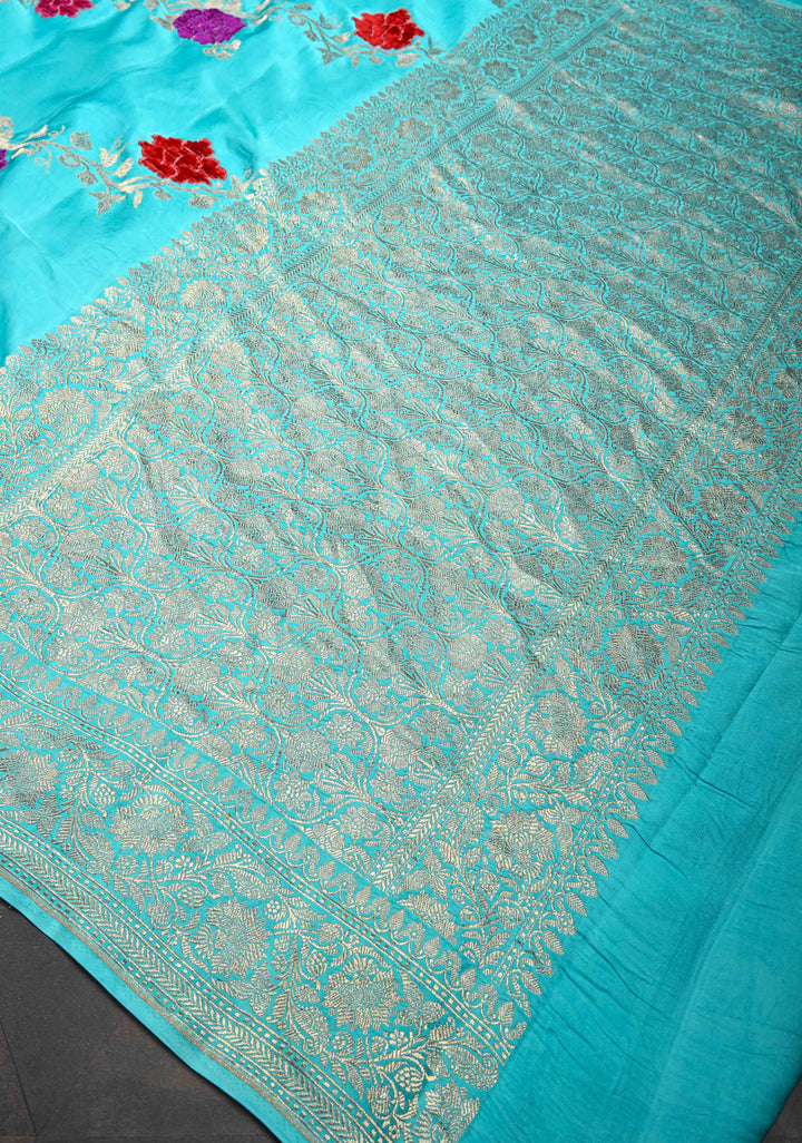 Cyan Mashru Silk Saree With Leheriya Floral Meenakari Velvet weaving with Zari Border and Koniya Motif|  SILK MARK CERTIFIED