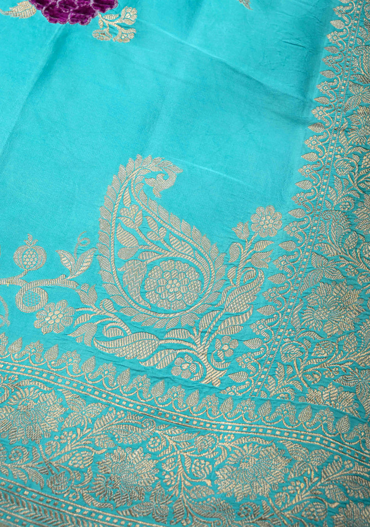 Cyan Mashru Silk Saree With Leheriya Floral Meenakari Velvet weaving with Zari Border and Koniya Motif|  SILK MARK CERTIFIED