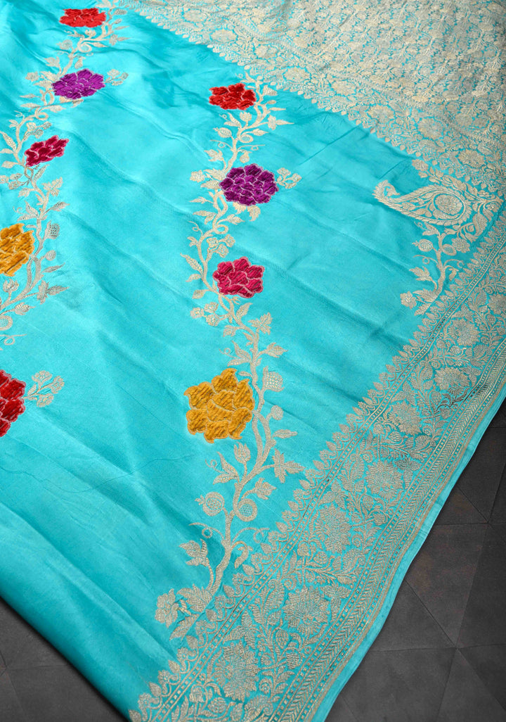 Cyan Mashru Silk Saree With Leheriya Floral Meenakari Velvet weaving with Zari Border and Koniya Motif|  SILK MARK CERTIFIED