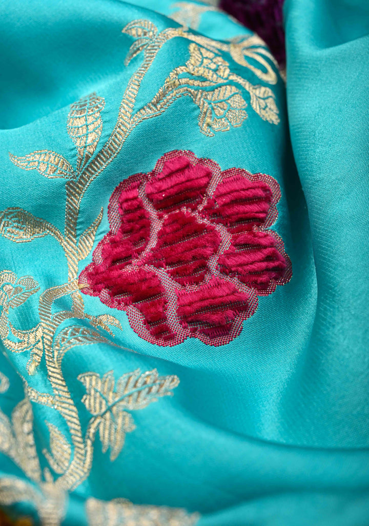 Cyan Mashru Silk Saree With Leheriya Floral Meenakari Velvet weaving with Zari Border and Koniya Motif|  SILK MARK CERTIFIED