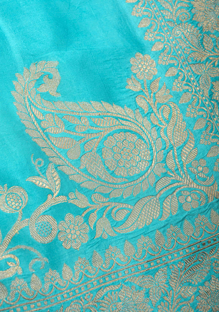 Cyan Mashru Silk Saree With Leheriya Floral Meenakari Velvet weaving with Zari Border and Koniya Motif|  SILK MARK CERTIFIED