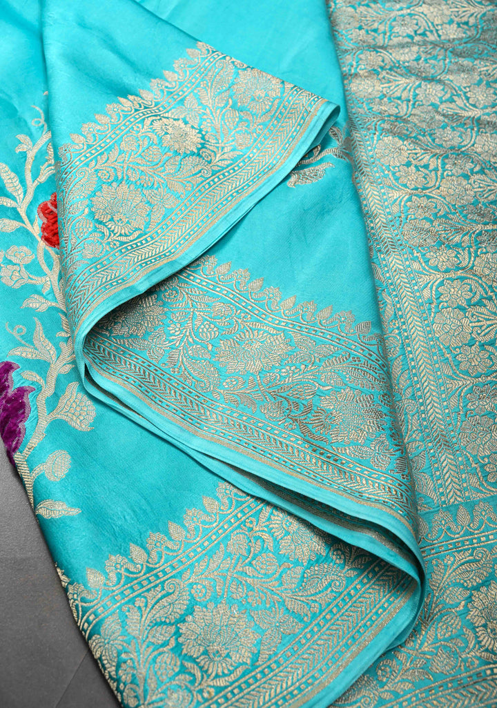 Cyan Mashru Silk Saree With Leheriya Floral Meenakari Velvet weaving with Zari Border and Koniya Motif|  SILK MARK CERTIFIED