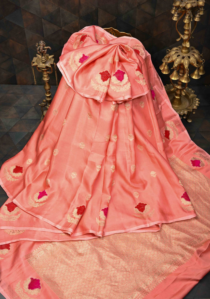 Salmon Pink Borderless Mashru Silk Saree With Velvet Meenakari Floral Zari and Weaving Motifs|  SILK MARK CERTIFIED