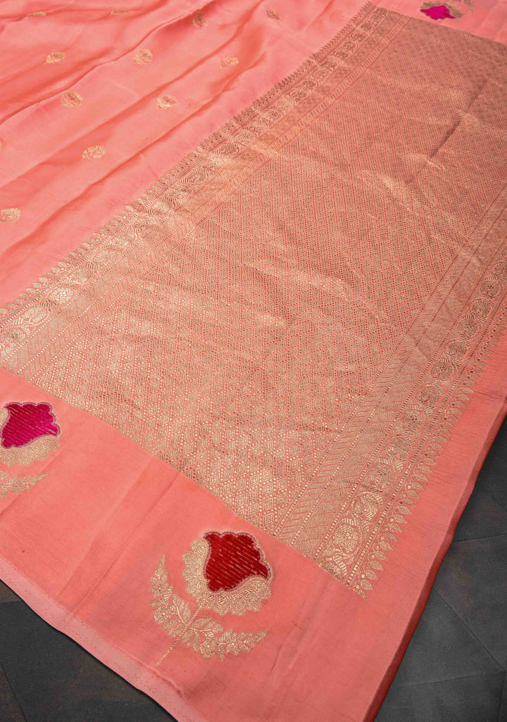 Salmon Pink Borderless Mashru Silk Saree With Velvet Meenakari Floral Zari and Weaving Motifs|  SILK MARK CERTIFIED