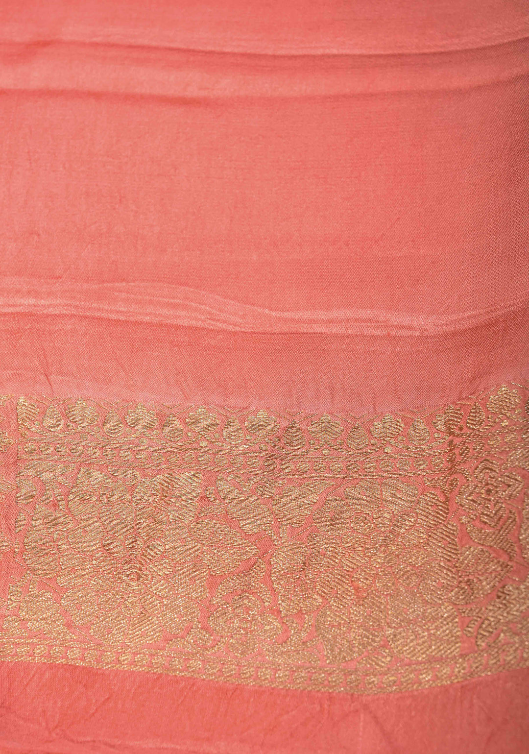 Salmon Pink Borderless Mashru Silk Saree With Velvet Meenakari Floral Zari and Weaving Motifs|  SILK MARK CERTIFIED