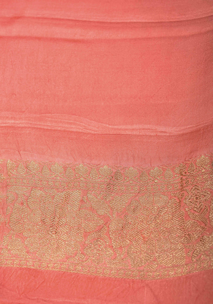 Salmon Pink Borderless Mashru Silk Saree With Velvet Meenakari Floral Zari and Weaving Motifs|  SILK MARK CERTIFIED