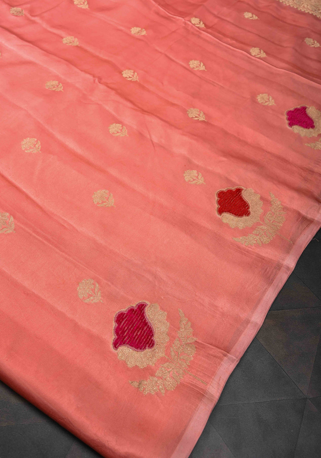 Salmon Pink Borderless Mashru Silk Saree With Velvet Meenakari Floral Zari and Weaving Motifs|  SILK MARK CERTIFIED