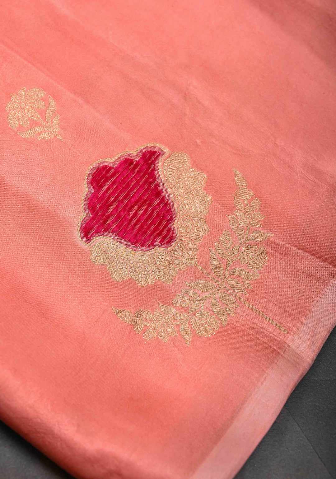 Salmon Pink Borderless Mashru Silk Saree With Velvet Meenakari Floral Zari and Weaving Motifs|  SILK MARK CERTIFIED