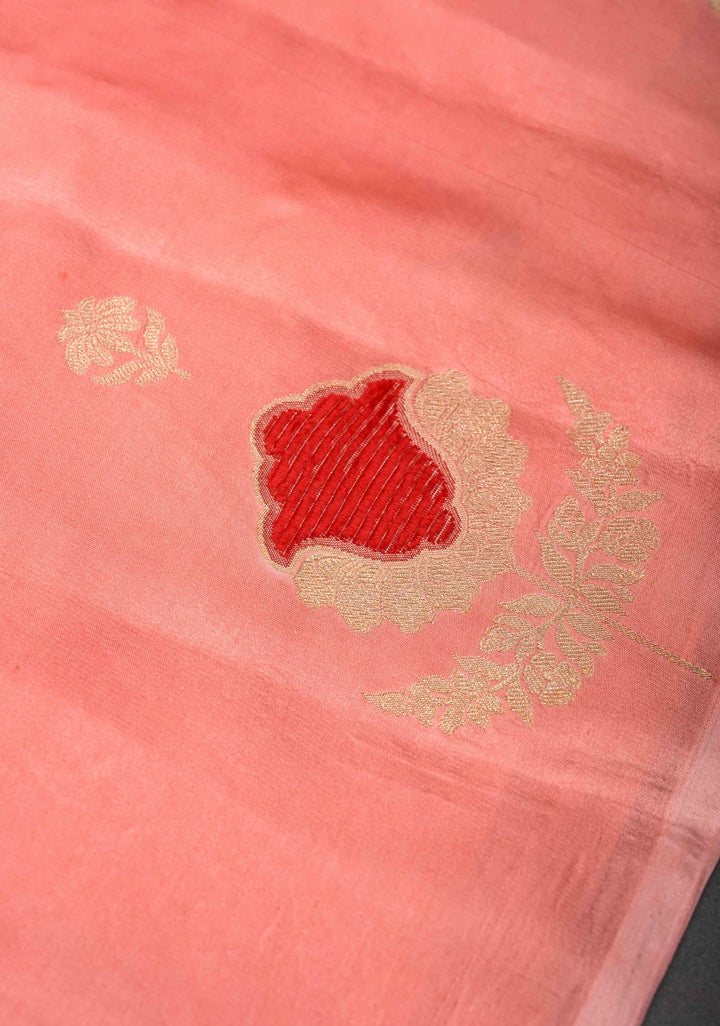 Salmon Pink Borderless Mashru Silk Saree With Velvet Meenakari Floral Zari and Weaving Motifs|  SILK MARK CERTIFIED