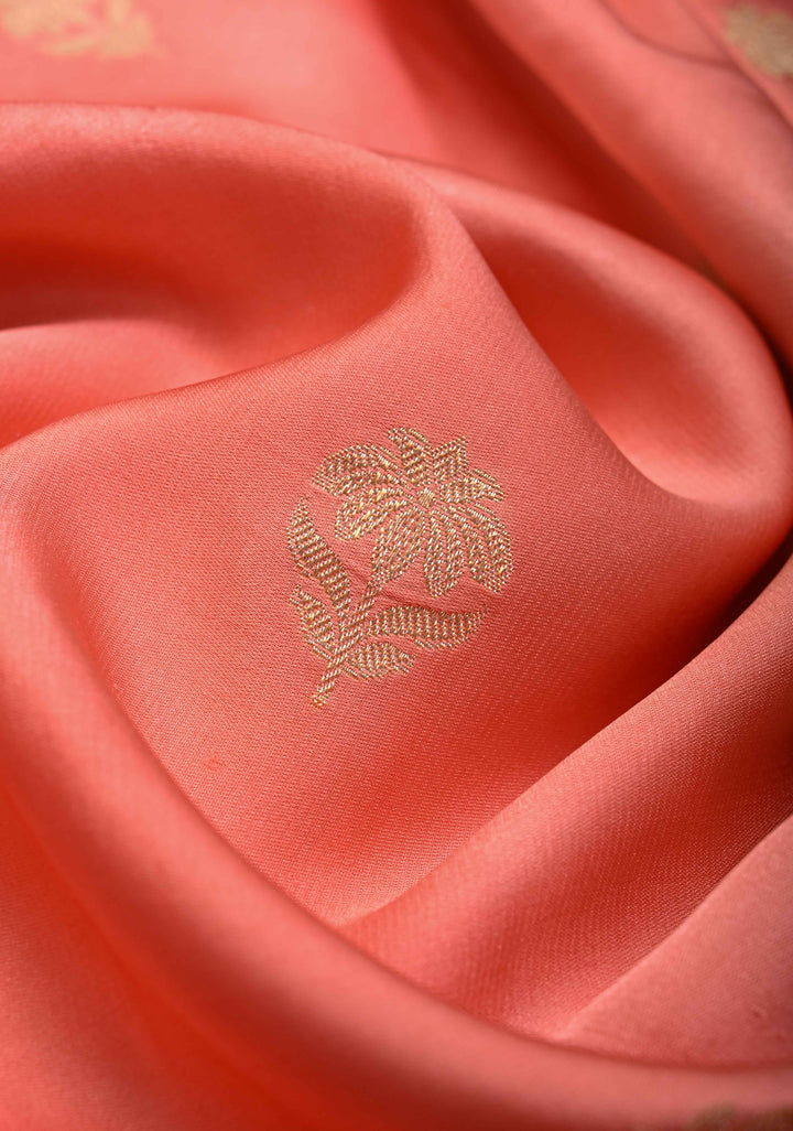 Salmon Pink Borderless Mashru Silk Saree With Velvet Meenakari Floral Zari and Weaving Motifs|  SILK MARK CERTIFIED
