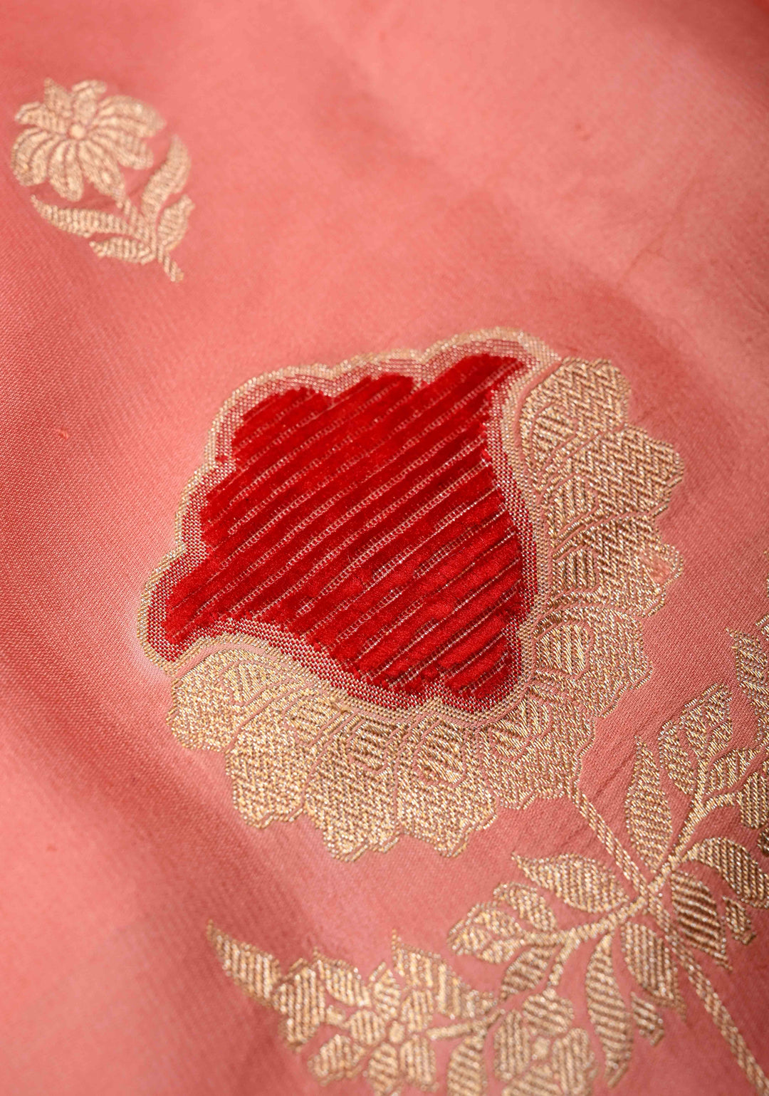 Salmon Pink Borderless Mashru Silk Saree With Velvet Meenakari Floral Zari and Weaving Motifs|  SILK MARK CERTIFIED