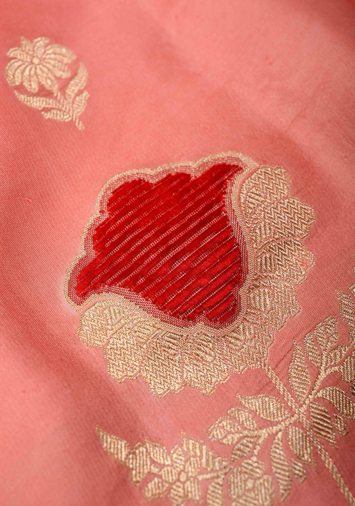 Salmon Pink Borderless Mashru Silk Saree With Velvet Meenakari Floral Zari and Weaving Motifs|  SILK MARK CERTIFIED