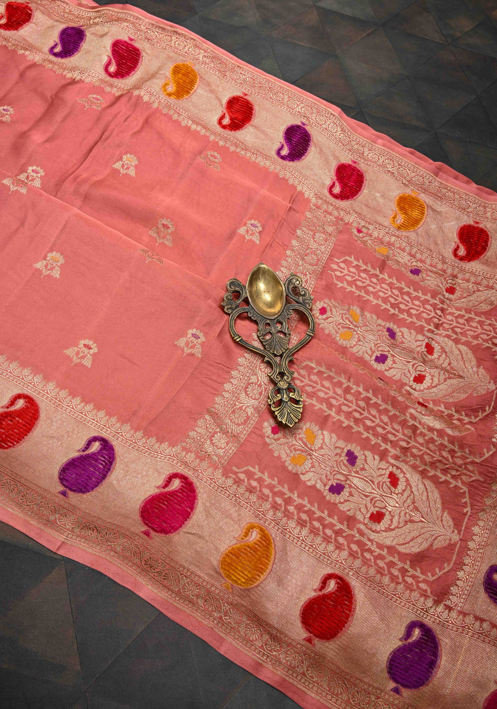 Salmon Pink Velvet Weaving Meenakari Pure Mashru Silk Saree With Floral Zari buttas And Paisley Border|  SILK MARK CERTIFIED