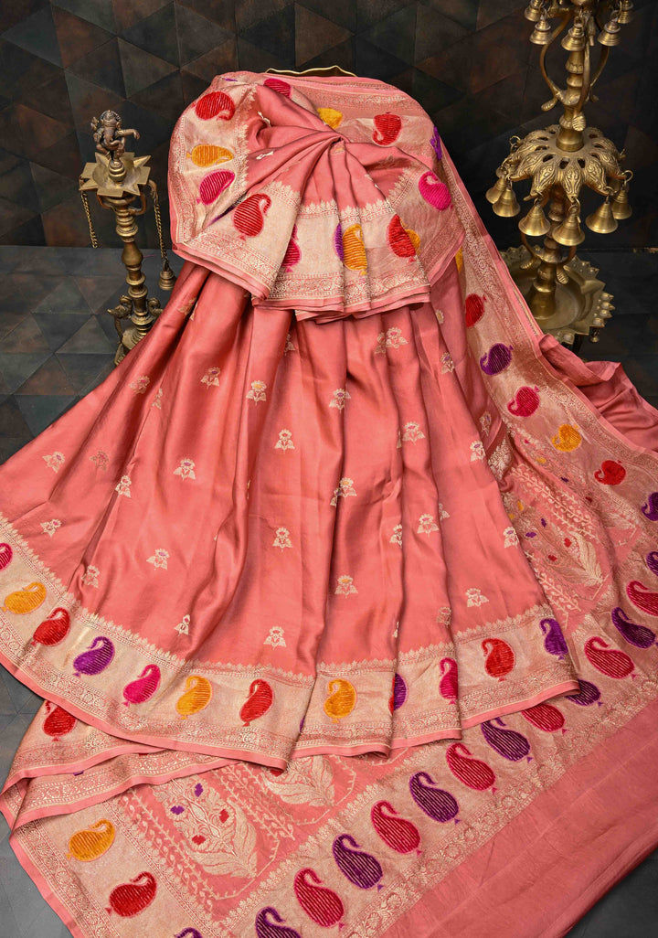 Salmon Pink Velvet Weaving Meenakari Pure Mashru Silk Saree With Floral Zari buttas And Paisley Border|  SILK MARK CERTIFIED