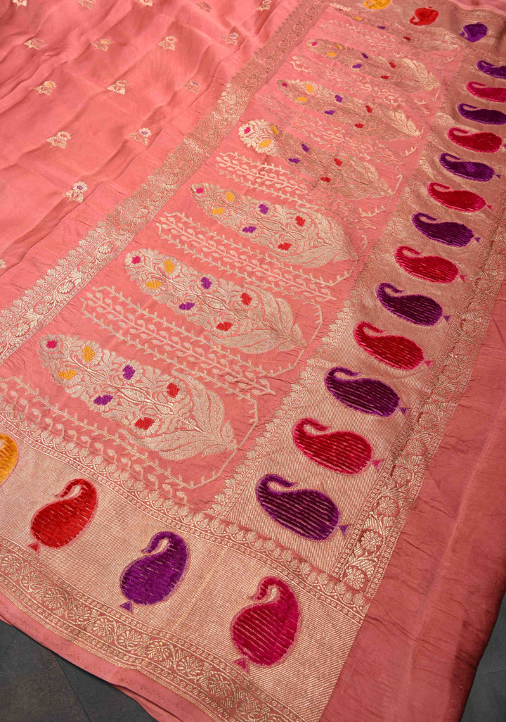 Salmon Pink Velvet Weaving Meenakari Pure Mashru Silk Saree With Floral Zari buttas And Paisley Border|  SILK MARK CERTIFIED