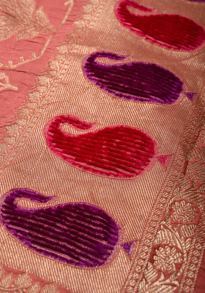 Salmon Pink Velvet Weaving Meenakari Pure Mashru Silk Saree With Floral Zari buttas And Paisley Border|  SILK MARK CERTIFIED