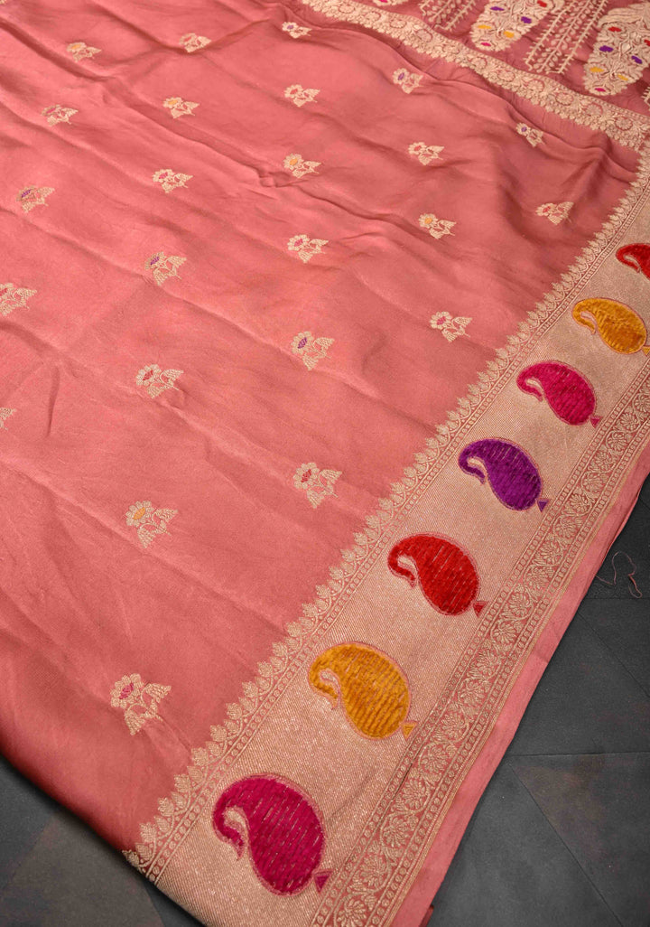 Salmon Pink Velvet Weaving Meenakari Pure Mashru Silk Saree With Floral Zari buttas And Paisley Border|  SILK MARK CERTIFIED