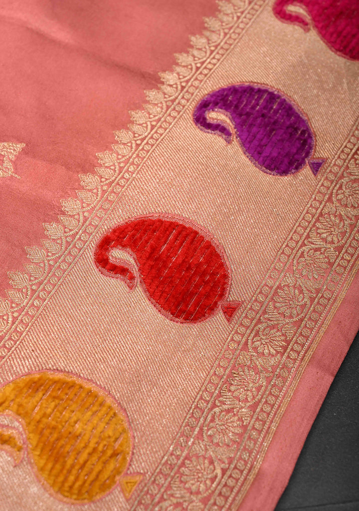 Salmon Pink Velvet Weaving Meenakari Pure Mashru Silk Saree With Floral Zari buttas And Paisley Border|  SILK MARK CERTIFIED