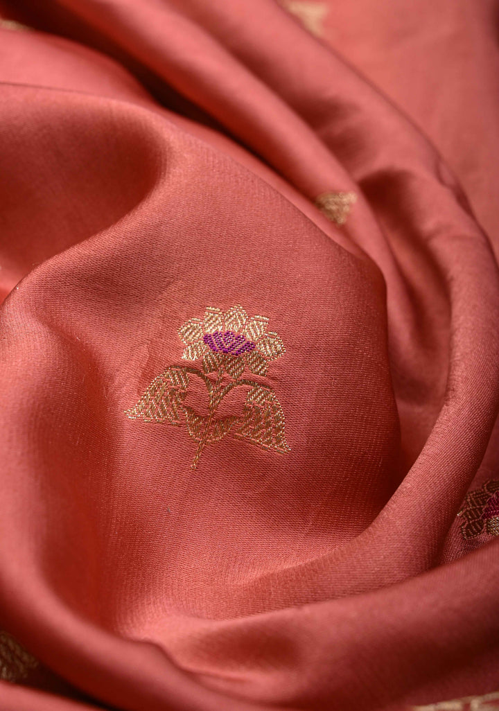 Salmon Pink Velvet Weaving Meenakari Pure Mashru Silk Saree With Floral Zari buttas And Paisley Border|  SILK MARK CERTIFIED